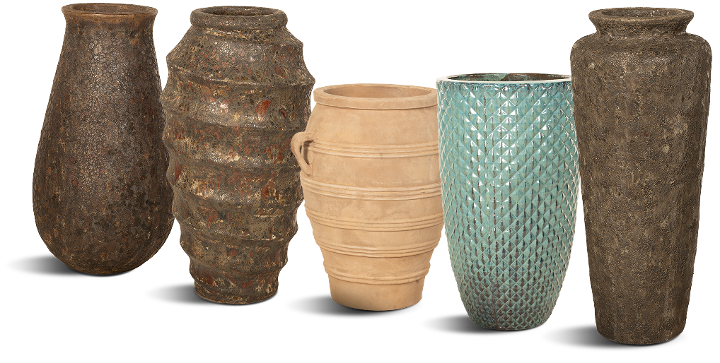 Five tall decorative vases in a row, each with a unique texture and finish.